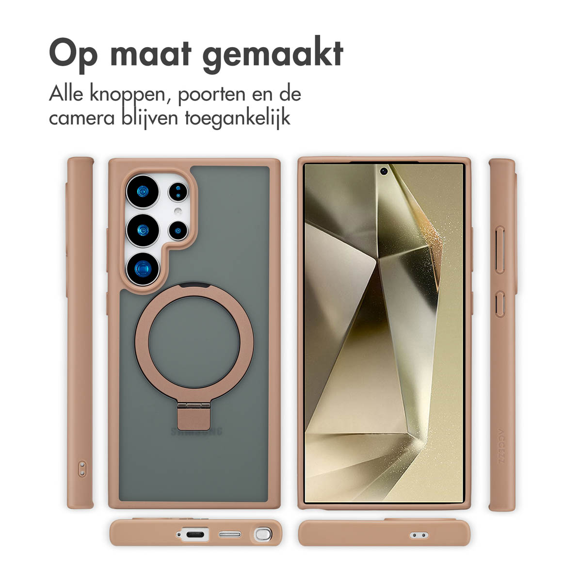 Telefonhüllen-Set mit Ringhalter und mehreren Teilen zur Montage auf weißem Hintergrund.