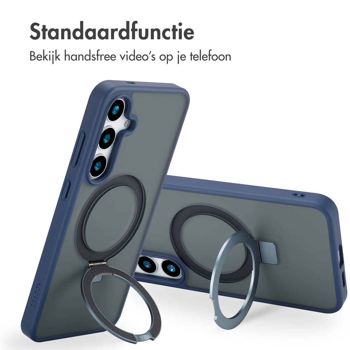 Deux coques de téléphone avec des anneaux, bleues et grises. Les deux sont inclinées. Texte visible.