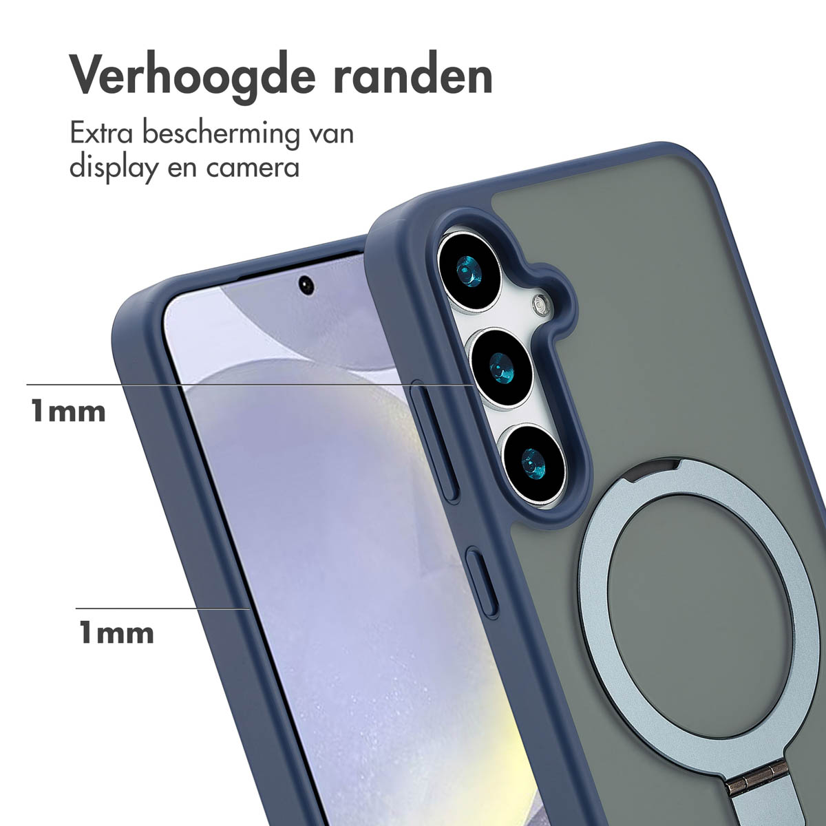 Une coque de téléphone avec des bords surélevés. La coque est bleue et le téléphone gris, avec un anneau argenté.