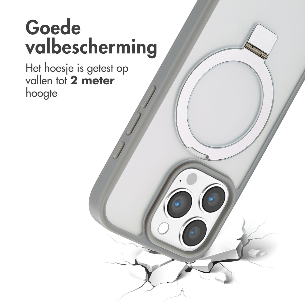 Una custodia per telefono che viene colpita sul pavimento, con testo sulla protezione dalle cadute.