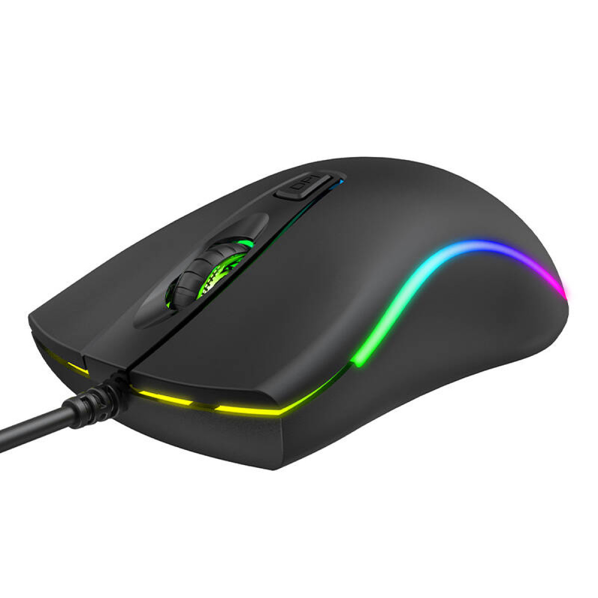 Ratón gaming negro con iluminación RGB y cable.