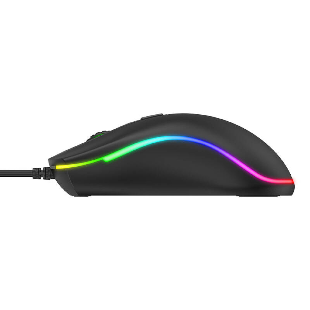 Un ratón de ordenador negro con una tira LED colorida a lo largo del lateral.