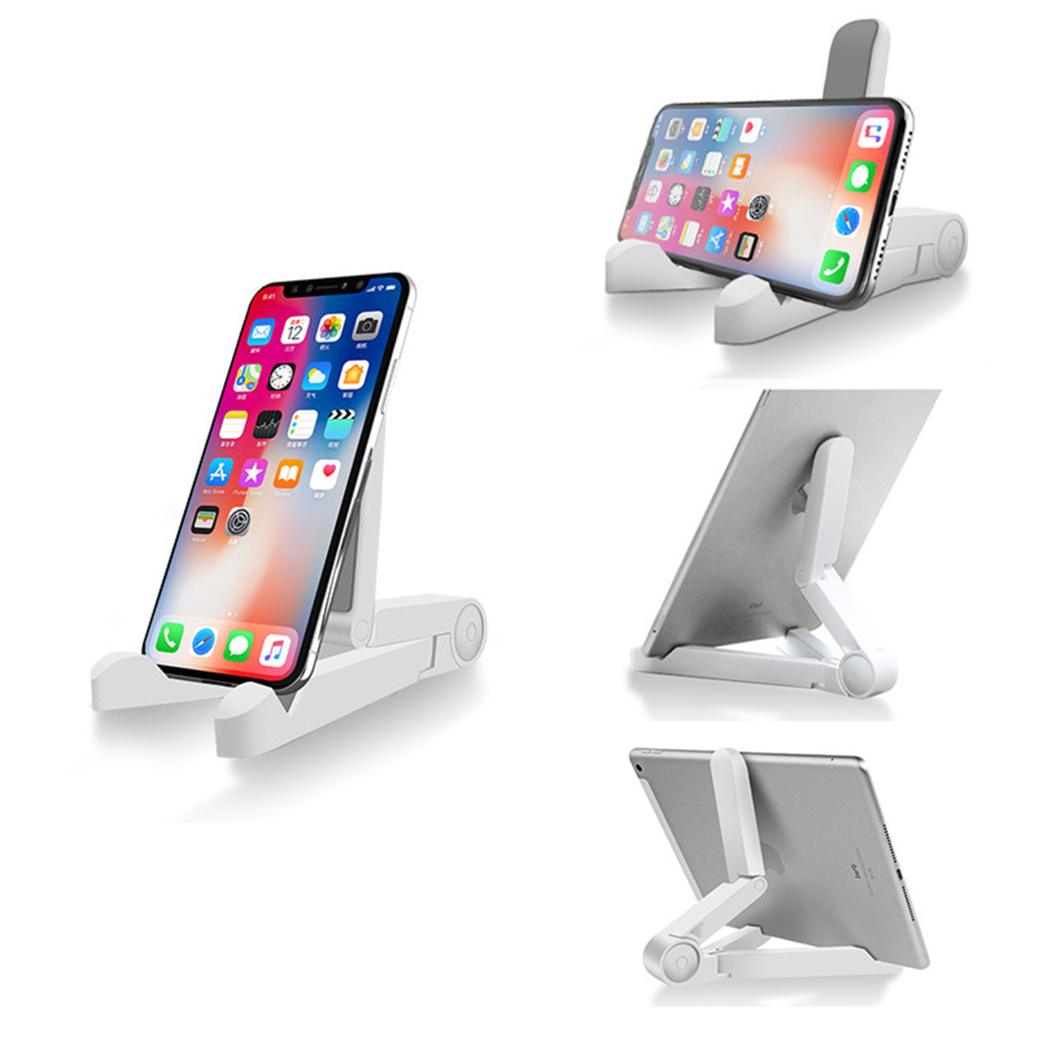 Mehrere Handy- und Tablet-Ständer. Verschiedene Winkel, alle weiß. Jeder hält ein Gerät.