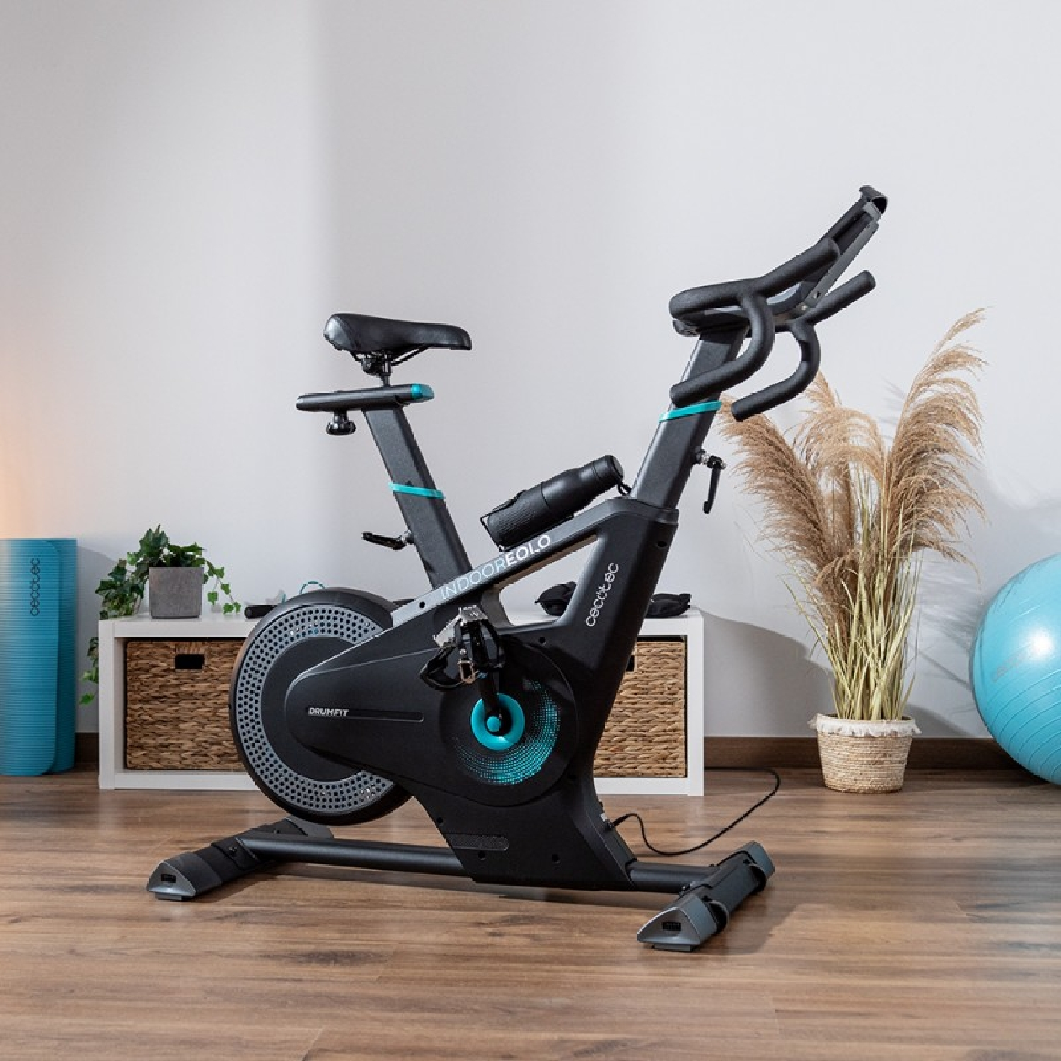 Bicicletta stazionaria nera in una stanza. C'è un tappetino blu, una pianta e una palla sullo sfondo.