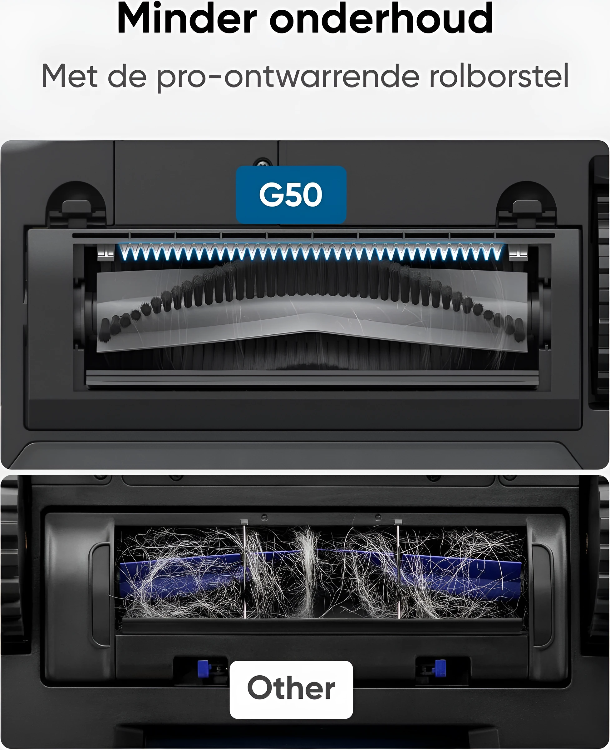 Staubsaugerteile. Oben: G50-Etikett. Unten: Rollbürste mit Haaren.