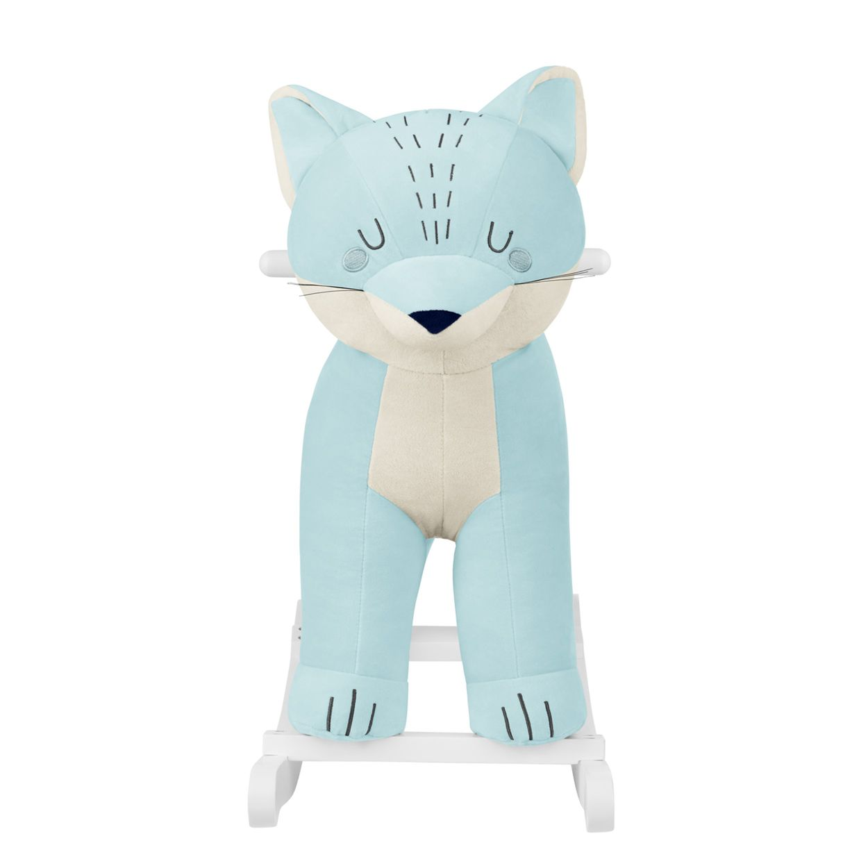 Blaues Fuchs-Schaukeltier. Es ist ein blauer Fuchs auf einer weißen Wippe. Es hat schwarze Details auf Gesicht und Pfoten.