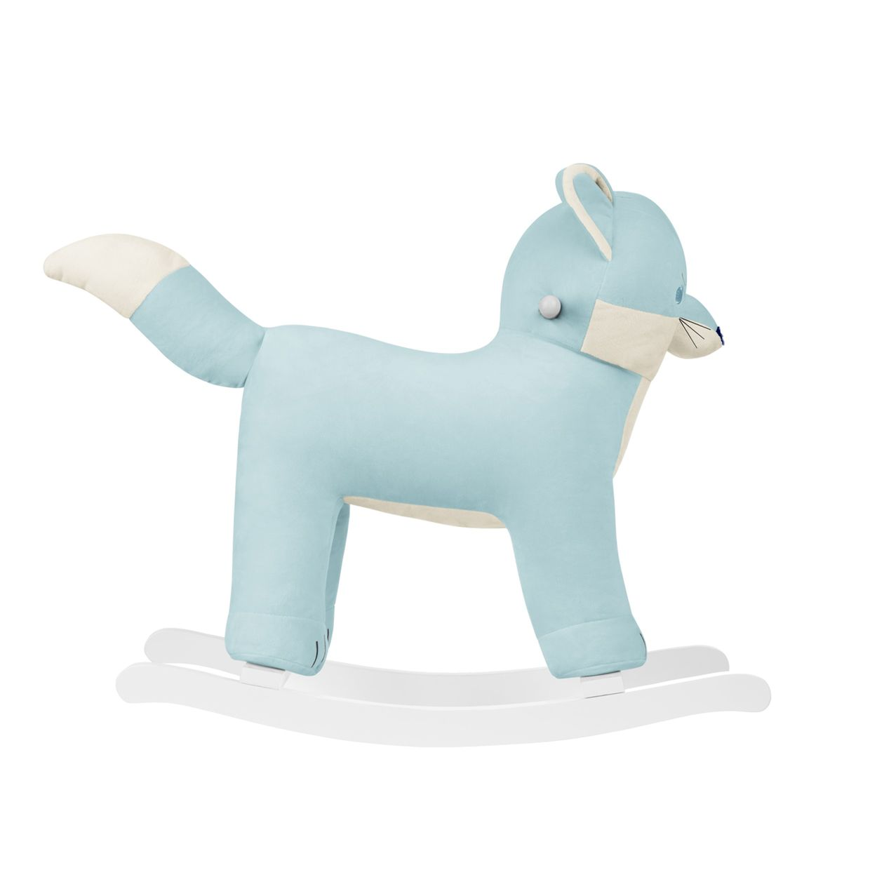 Ein blaues Fuchsschaukeltier. Das Spielzeug ist hellblau und hat eine weiße Schaukelbasis.