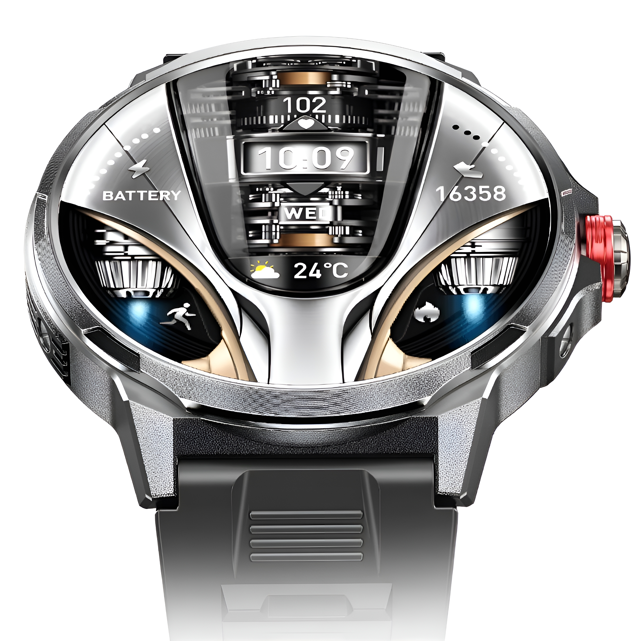 Silberne Smartwatch mit mehreren digitalen Anzeigen. Roter Knopf an der Seite.