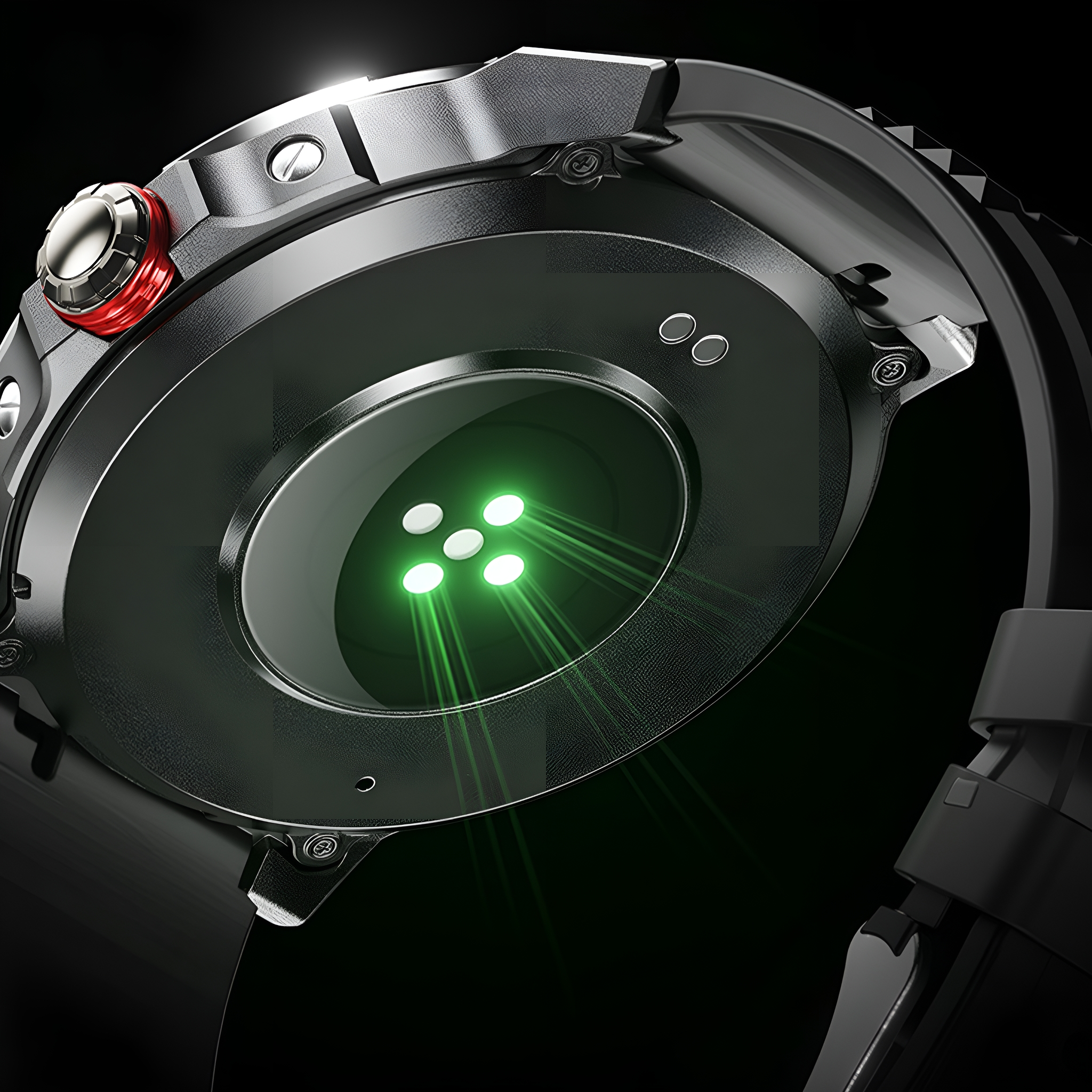 Nahaufnahme des Sensors einer Smartwatch. Grüne Lichter strahlen aus. Schwarzer Hintergrund.
