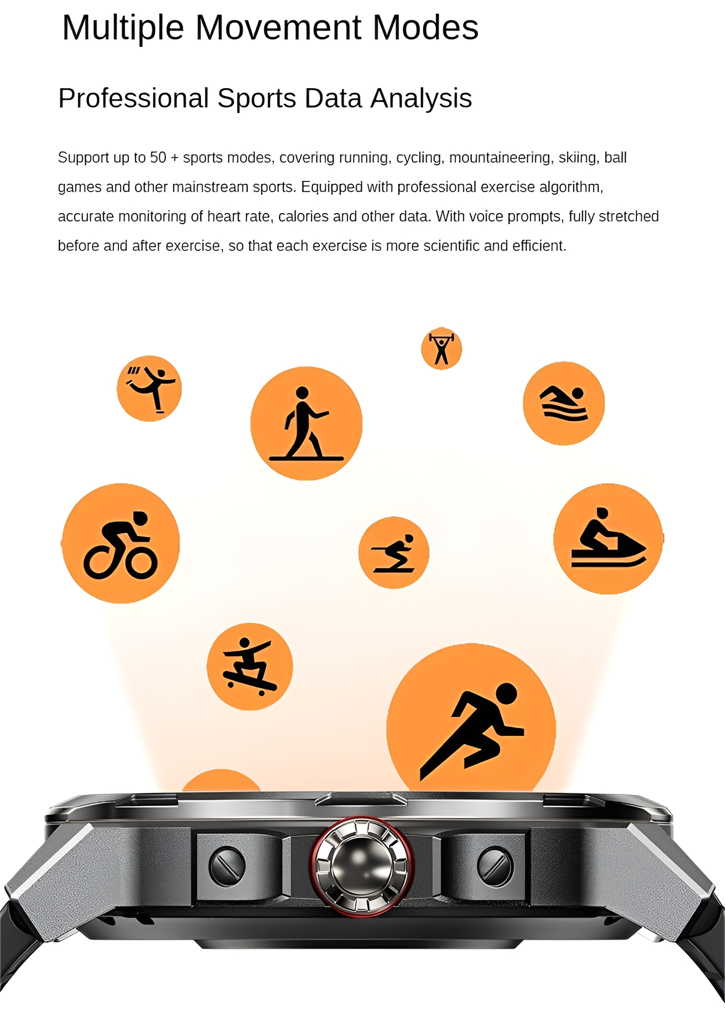 Eine Smartwatch mit verschiedenen Sportmodi und Text zur professionellen Sportanalyse.