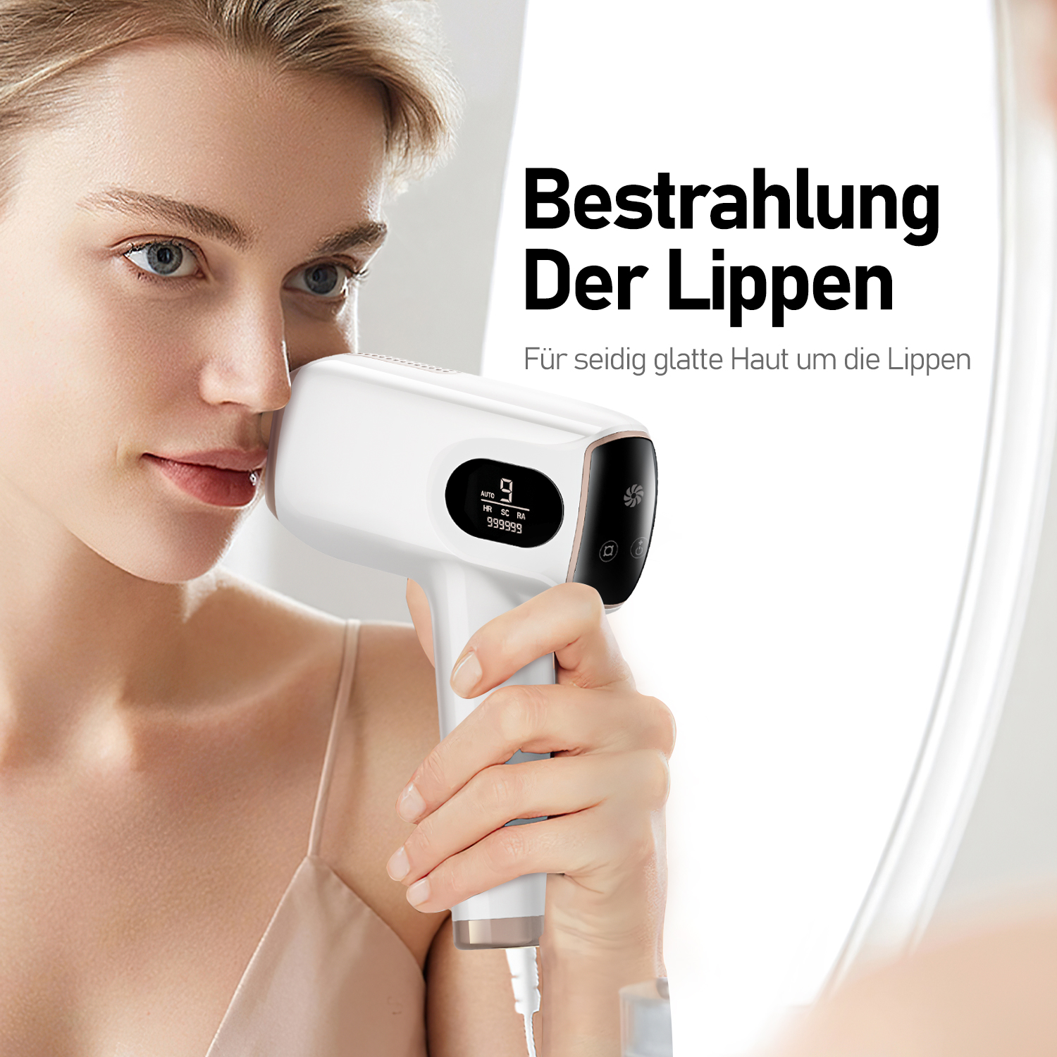Frau benutzt ein weißes Haarentfernungsgerät auf ihrer Lippe. Text auf Deutsch: Bestrahlung Der Lippen.