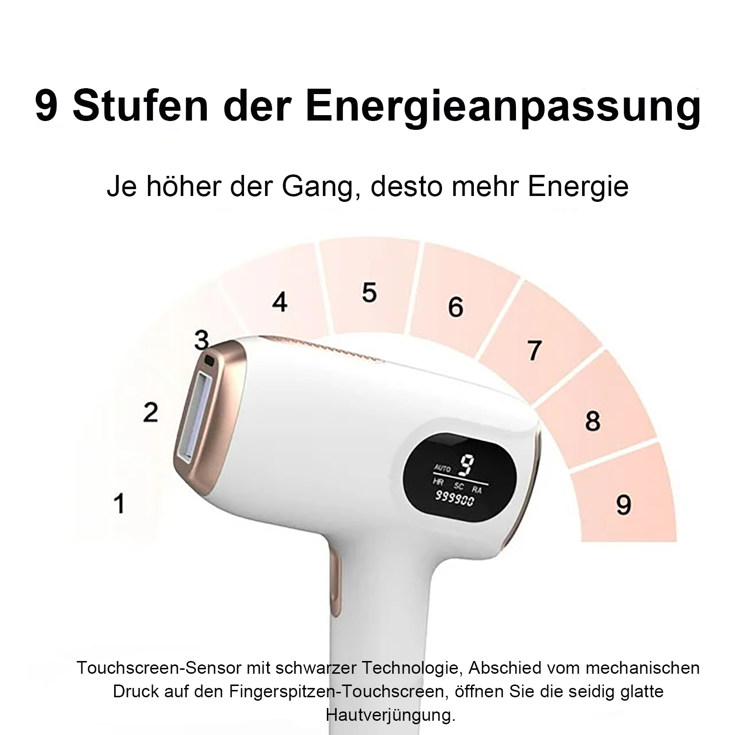 Haarentfernungsgerät mit den Zahlen 1 bis 9. Das Gerät ist weiß und goldfarben.