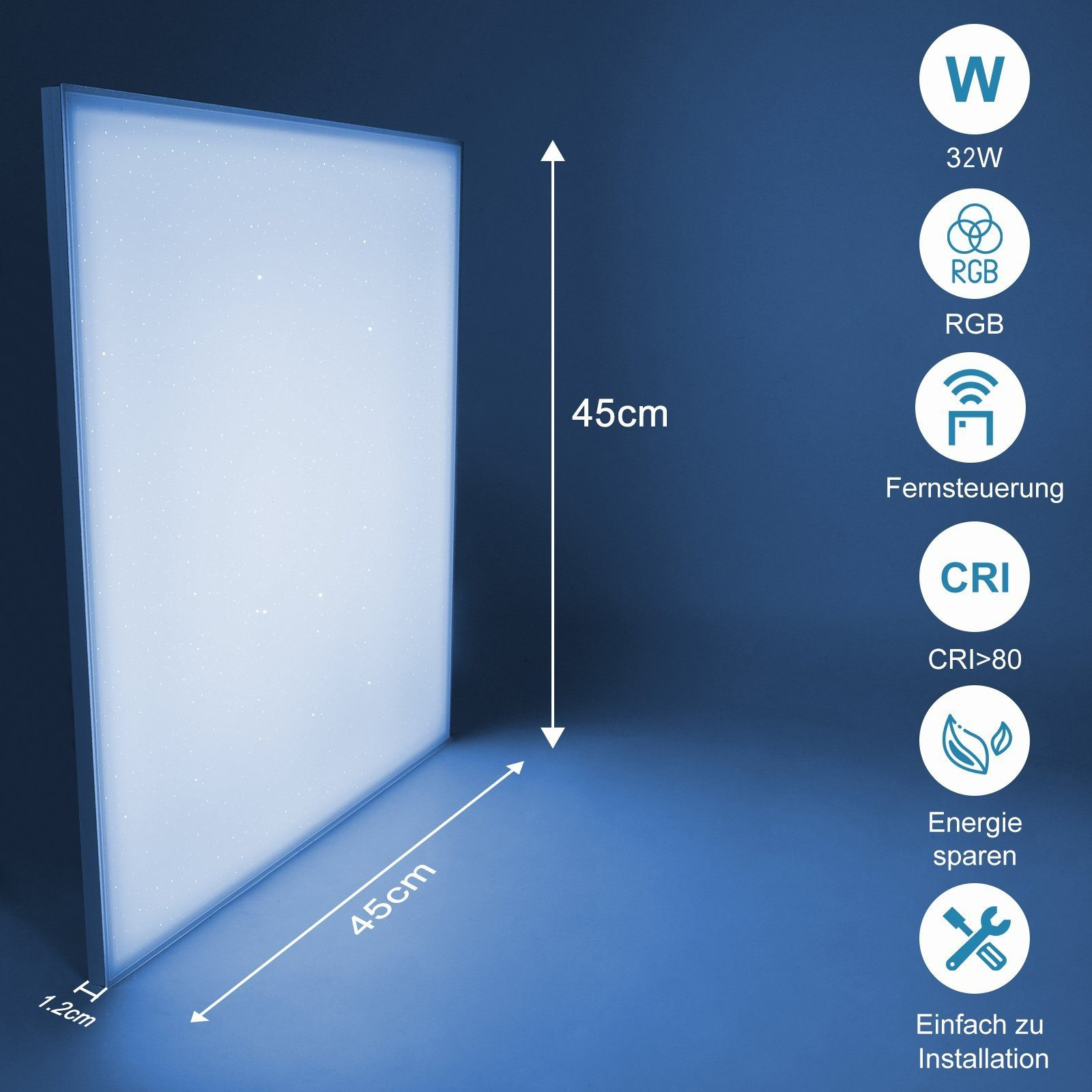Kwadratowy panel świetlny LED z wymiarami. Zawiera ikony dla mocy, RGB i innych funkcji.