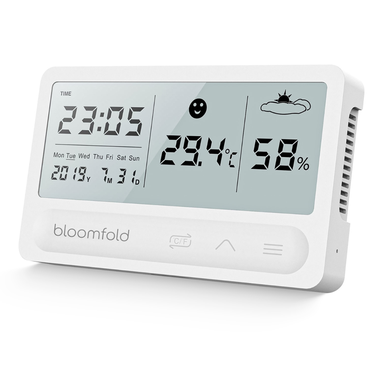 Weiße Digitaluhr mit Anzeige von Zeit, Datum, Temperatur und Luftfeuchtigkeit.