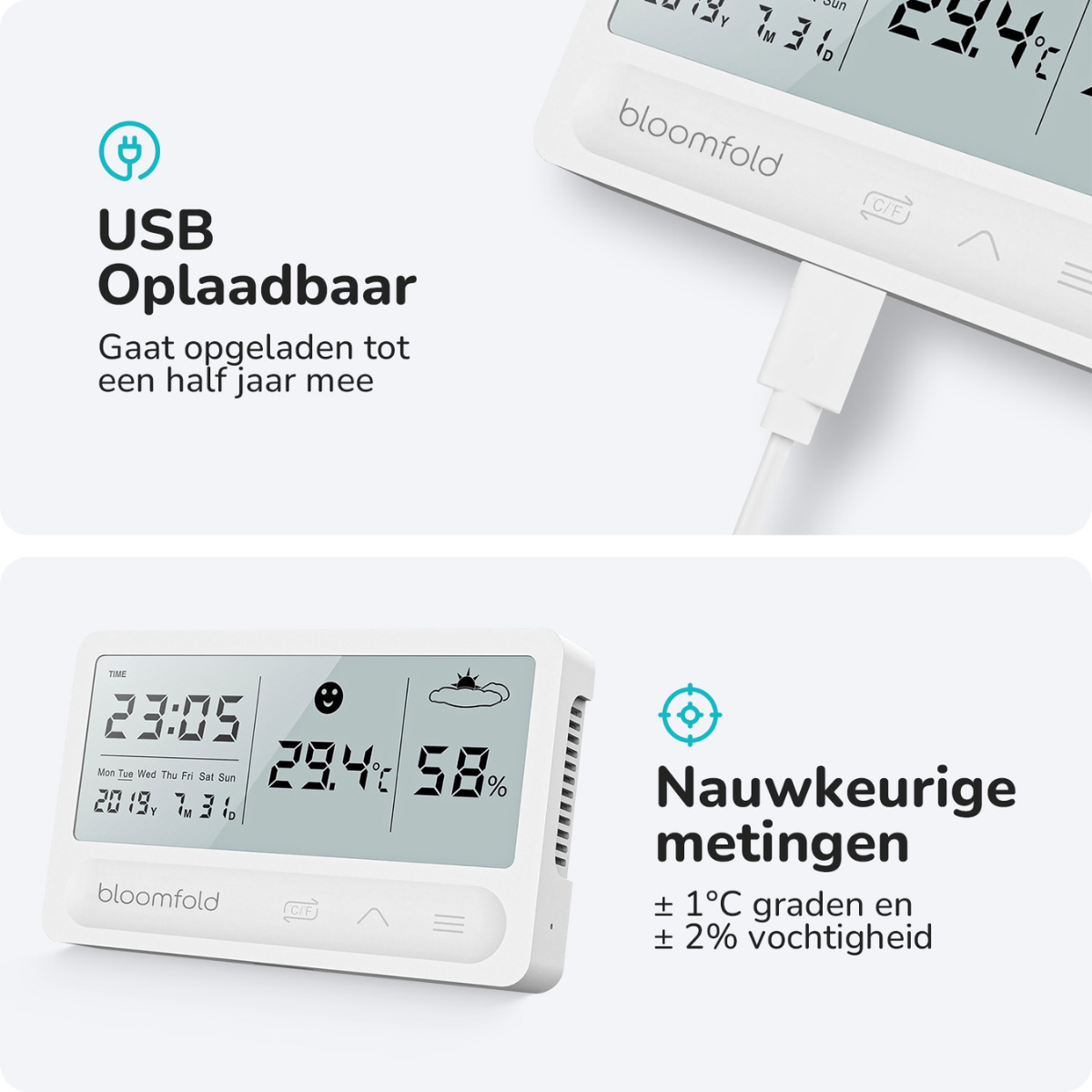 Eine Digitaluhr, die Zeit und Temperatur mit Messungen anzeigt.