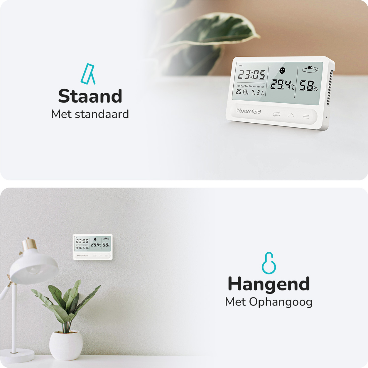 Digitaluhr mit Temperatur- und Luftfeuchtigkeitsanzeige, zeigt zwei Setups, stehend und hängend, mit Text.