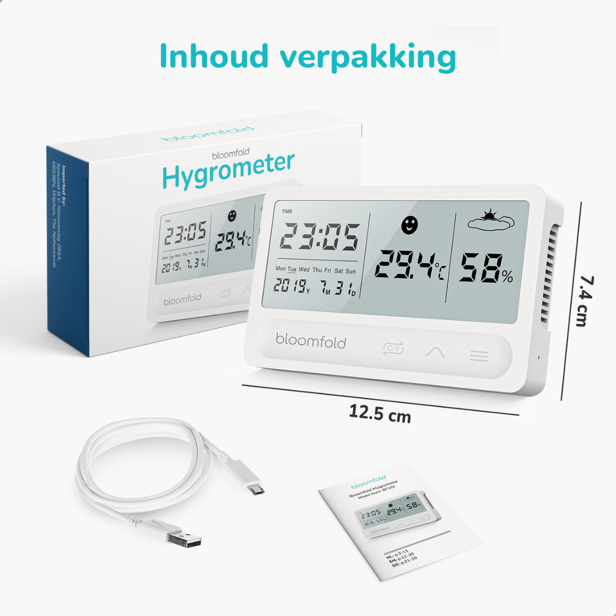 Hygrometer mit Display, Box und Zubehör auf weißem Hintergrund, Abmessungen gezeigt.