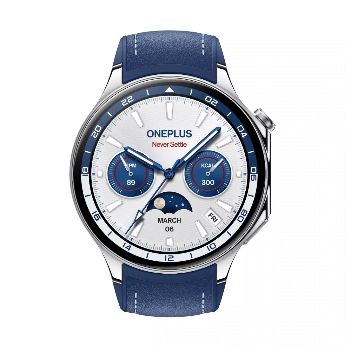 Smartwatch OnePlus z białą tarczą i niebieskim paskiem, wyświetla 06 marca.
