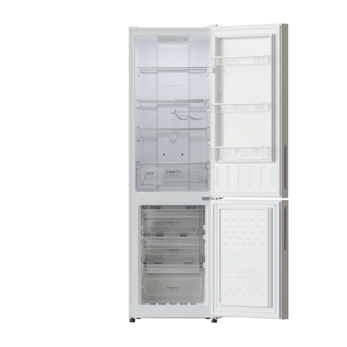 Interior del refrigerador. Abierto, mostrando estantes, cajones y la sección de congelador abajo.