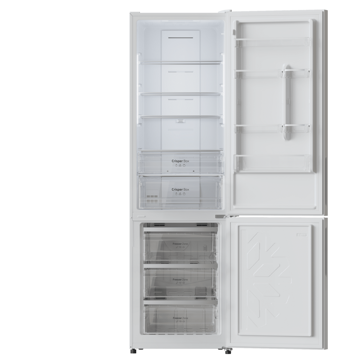Refrigerador abierto con múltiples estantes y cajones. Está limpio y vacío.