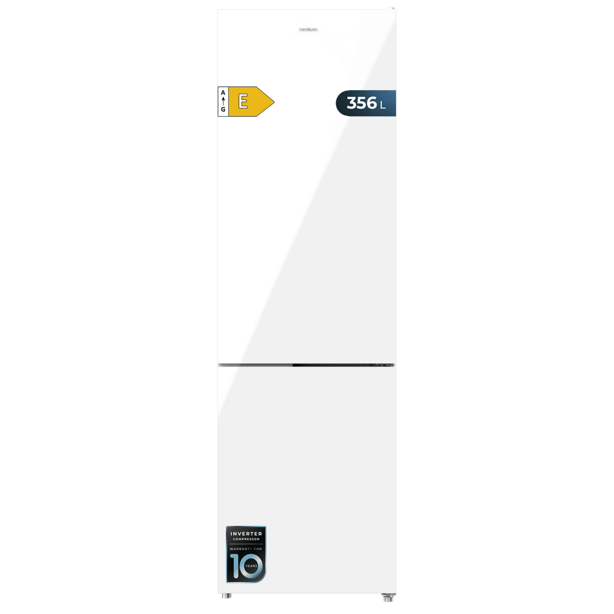 Refrigerador blanco con congelador abajo, etiqueta energética y capacidad de 356L. Fondo blanco.