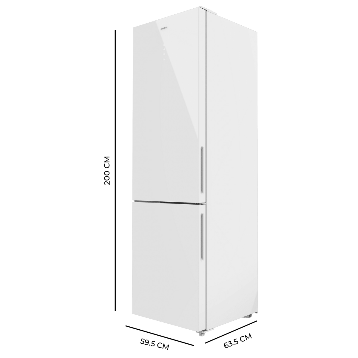 Refrigerador blanco con congelador inferior, sobre un fondo blanco.