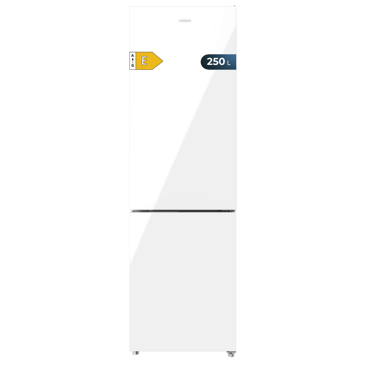 Una nevera blanca con congelador. Etiqueta energética: AIG, 250L.