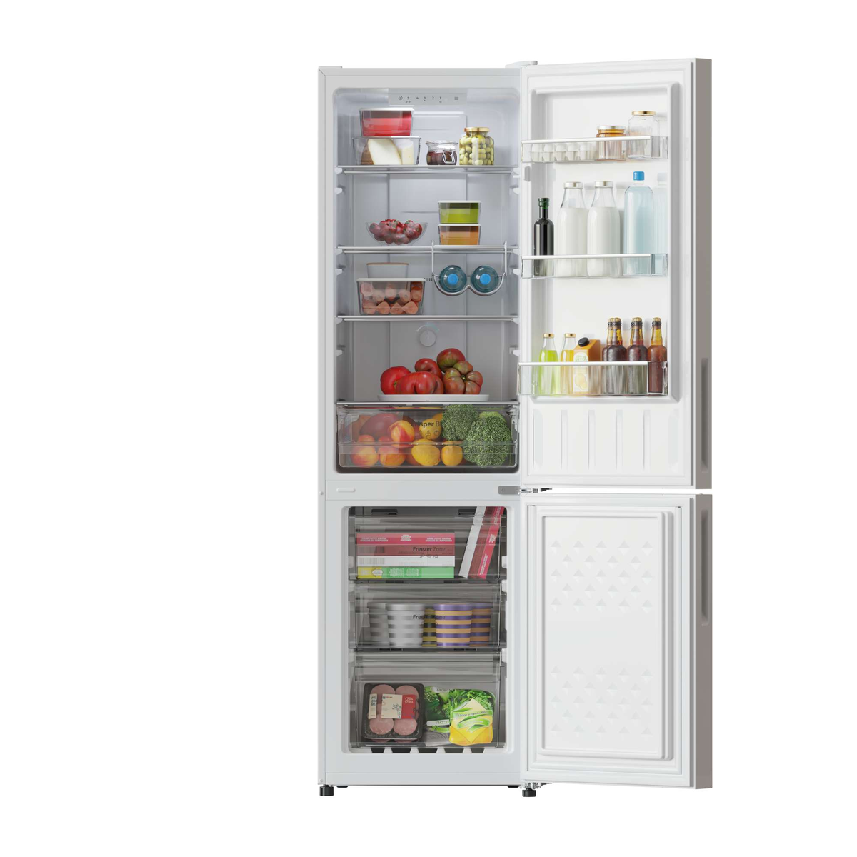 Un refrigerador blanco con la puerta abierta, mostrando estantes con alimentos y bebidas, con un congelador debajo.