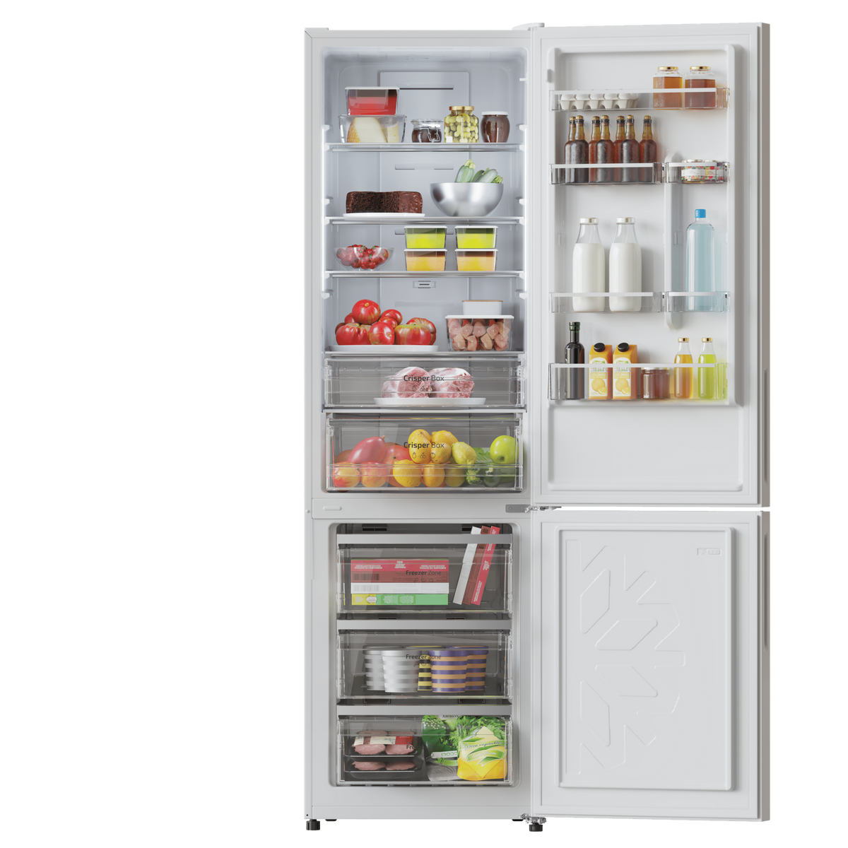 Refrigerador con puertas abiertas, lleno de alimentos en varios compartimentos.