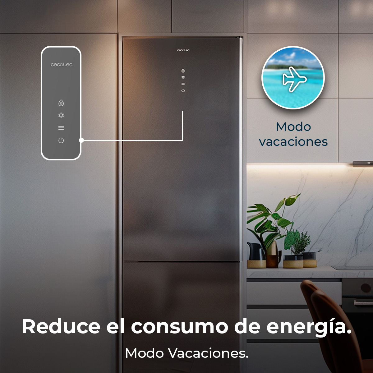 Frigorifero con pannello di controllo, con testo: 'Riduci il consumo energetico. Modalità vacanza'.