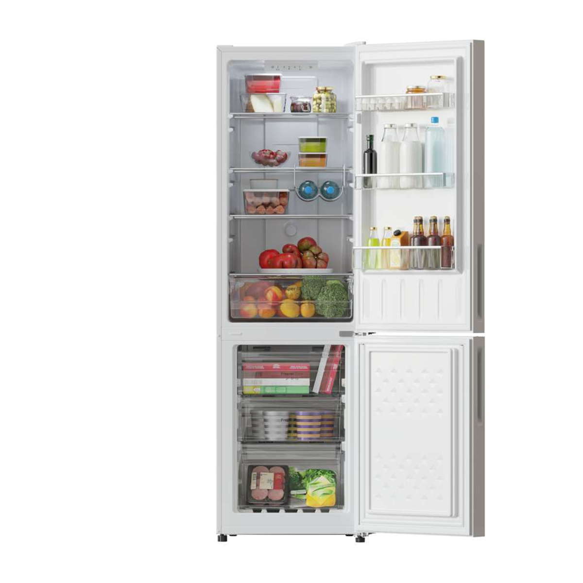 Nevera blanca con puertas abiertas que muestran estantes con alimentos. Verduras, bebidas y otros artículos visibles.