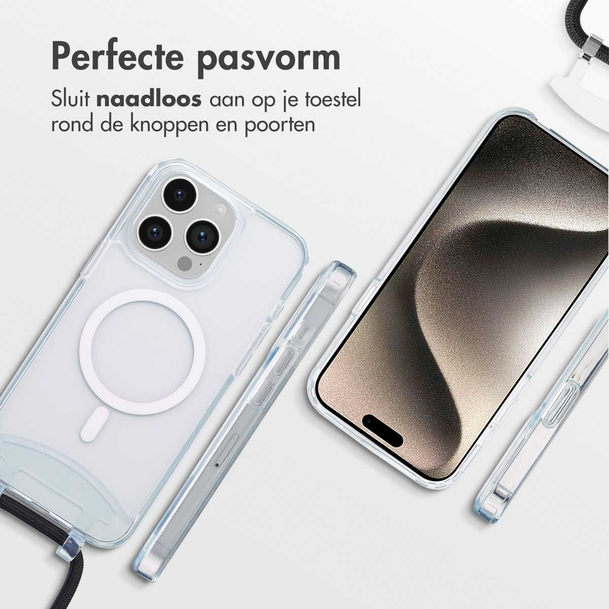 Una custodia per telefono trasparente con anello magnetico e protezione schermo, che dimostra una perfetta vestibilità. Testo in olandese.