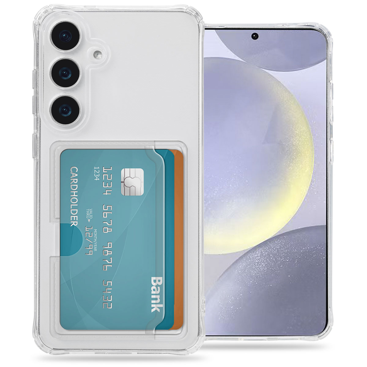 Een doorzichtige telefoonhoes met een creditcardhouder erin. Een kaart is zichtbaar.