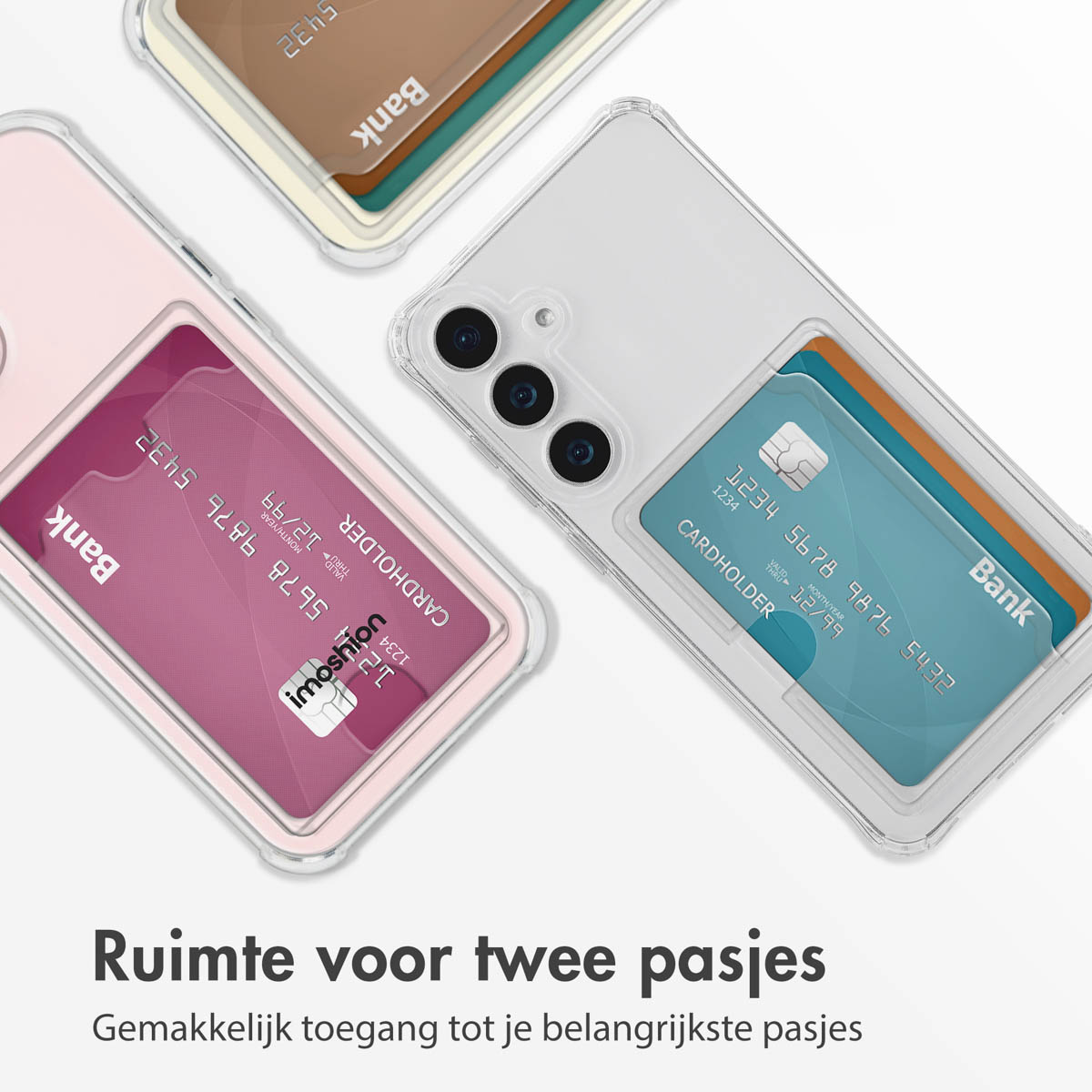 Transparante telefoonhoesjes met kaarten. Tekst: 'Ruimte voor twee', 'Gemakkelijke toegang'.