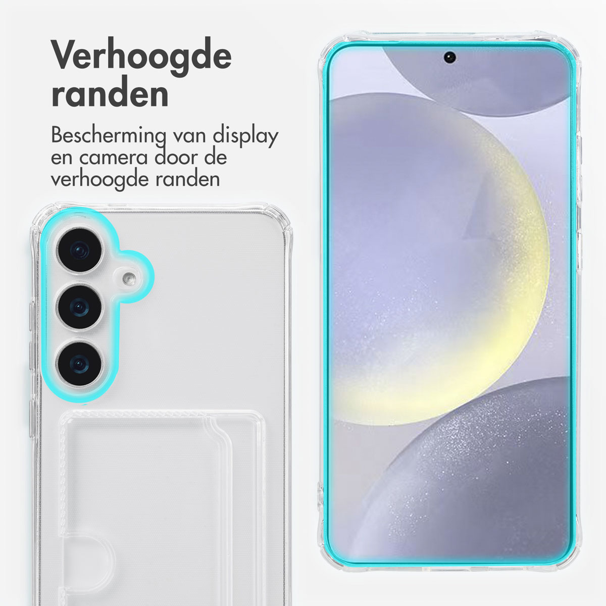 Transparante telefoonhoes met telefoon erin. Toont de verhoogde randen van de hoes, die camera en scherm beschermen.
