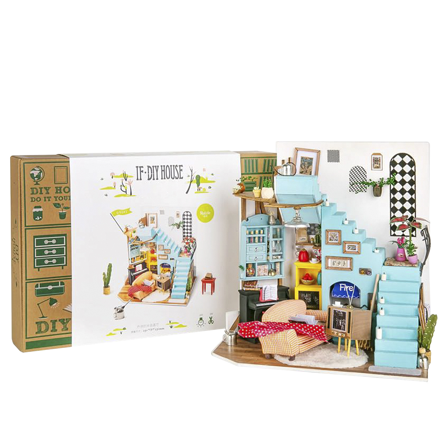 Modello diorama di un soggiorno con vari mobili e decorazioni, su una superficie bianca.