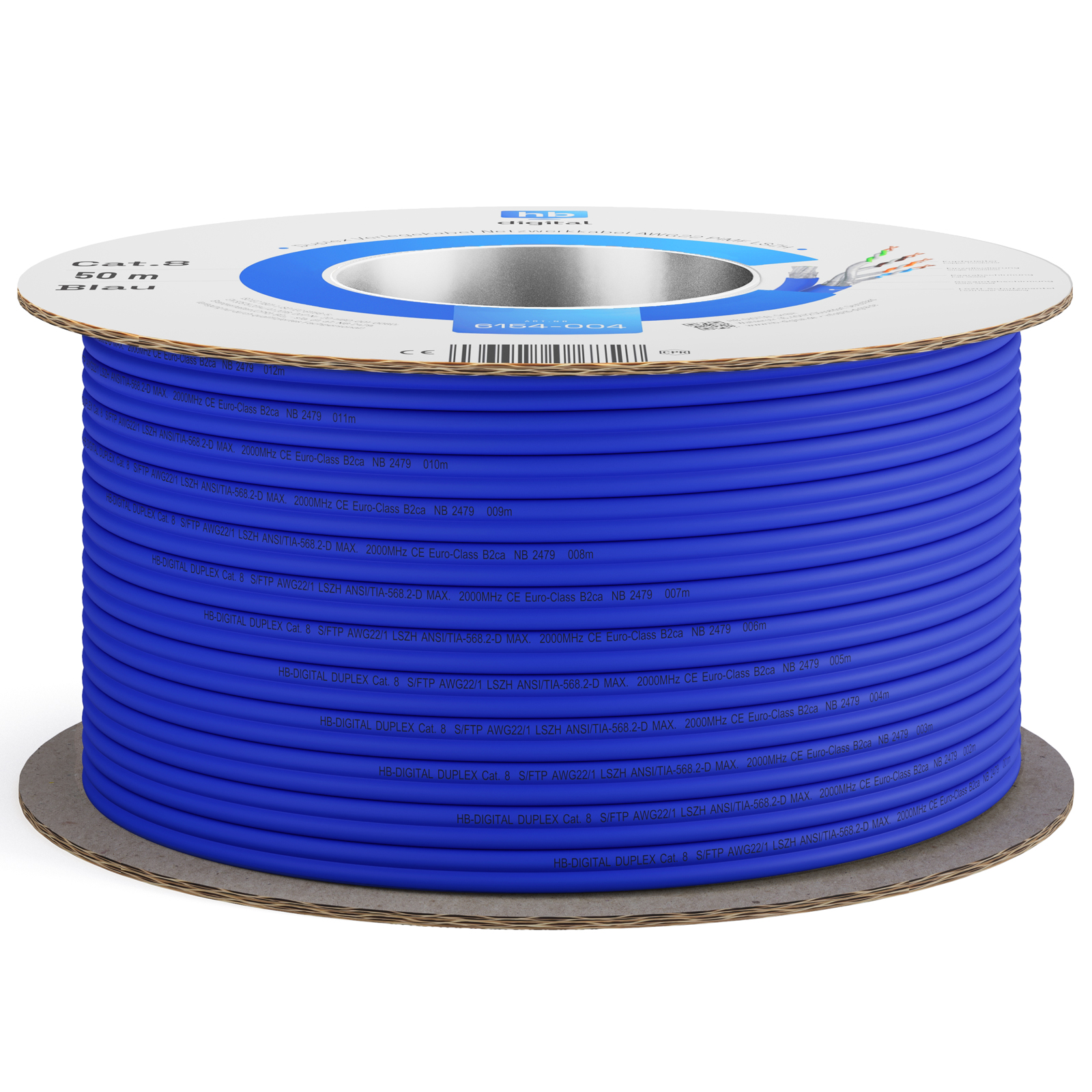 Blaues Kabel auf einer weißen Spule. Die Spule hat Text und ein Etikett.