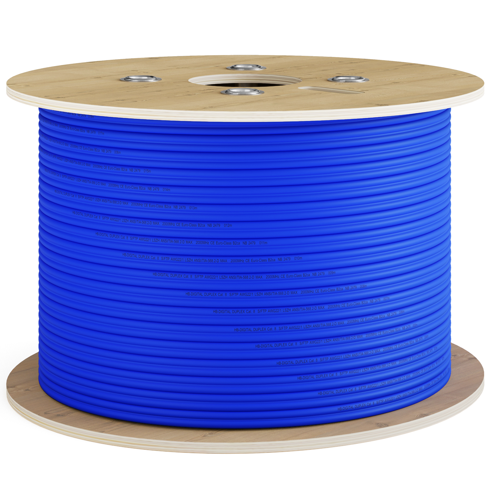 Eine große Spule mit blauem Kabel auf einem Holzsockel. Das Kabel ist eng gewickelt.