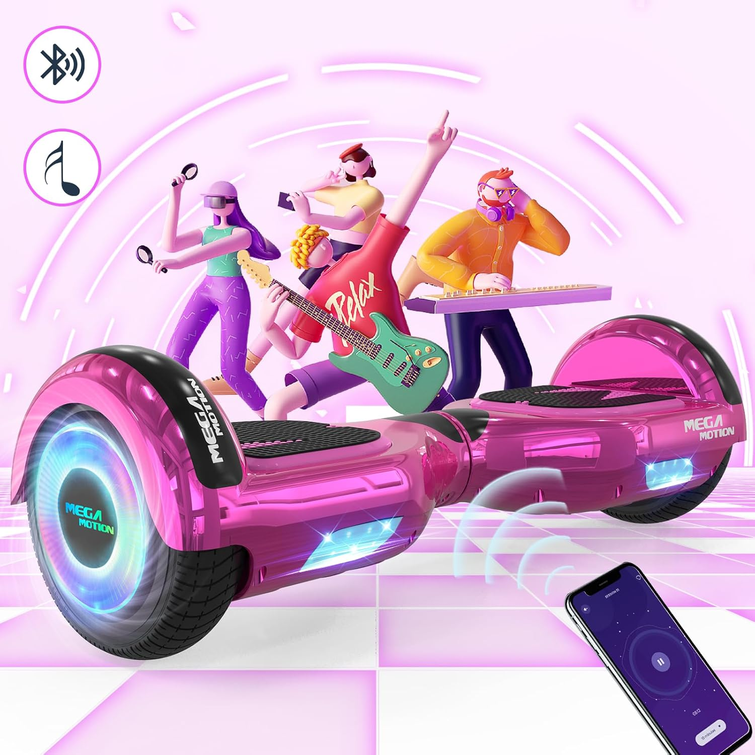 Różowa deskorolka elektryczna z ludźmi na niej. Są ludzie grający muzykę i korzystający z telefonu.