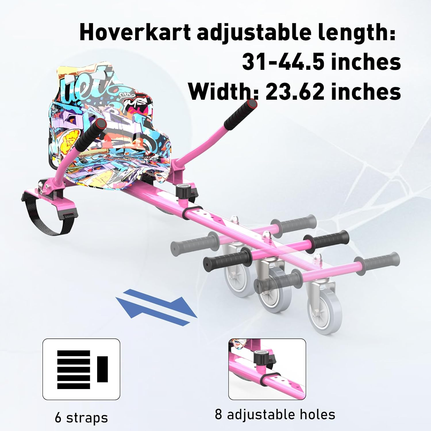 Różowy Hoverkart z regulowaną długością i szerokością oraz 6 paskami.