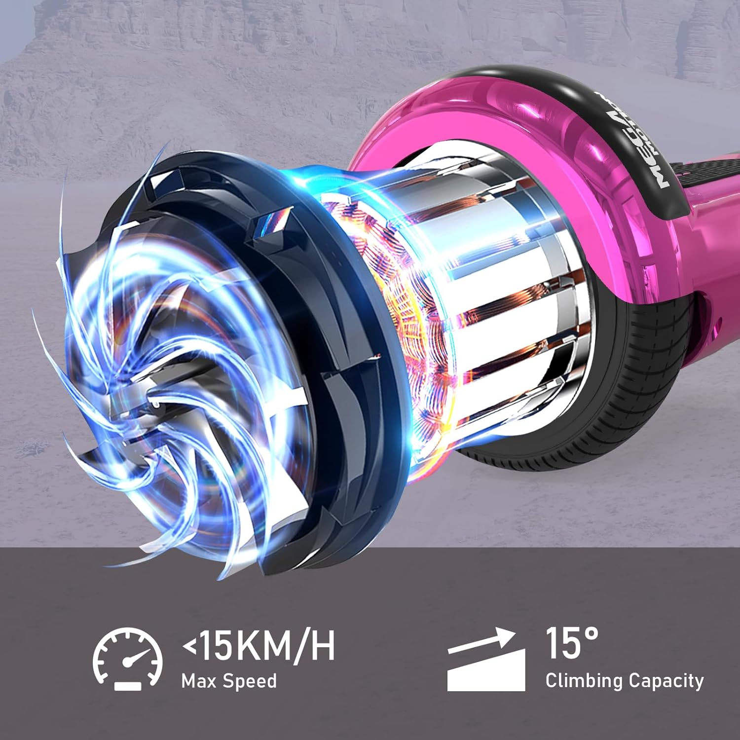 Różowy i czarny hoverboard, ze wskaźnikami prędkości i zdolności wspinaczkowej na pierwszym planie.