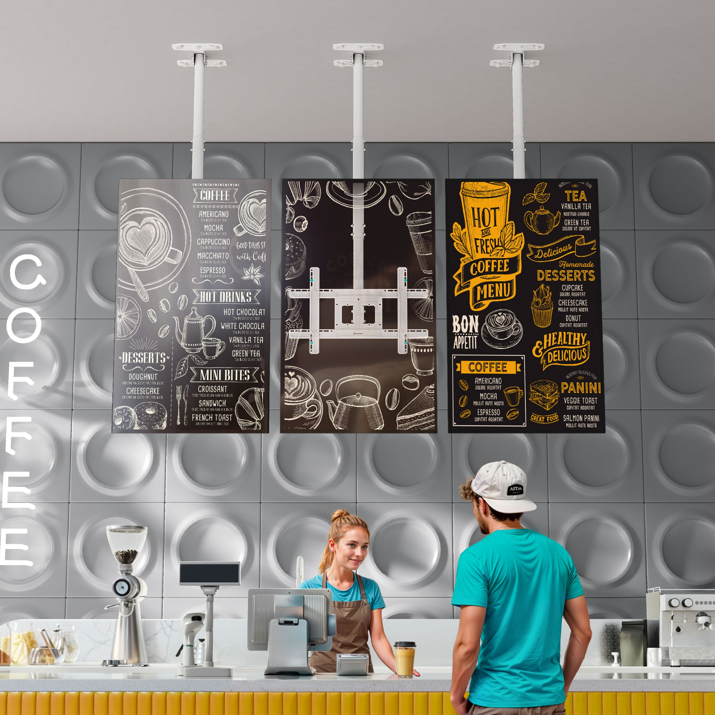Scena di un bar con menu, un barista e un cliente.