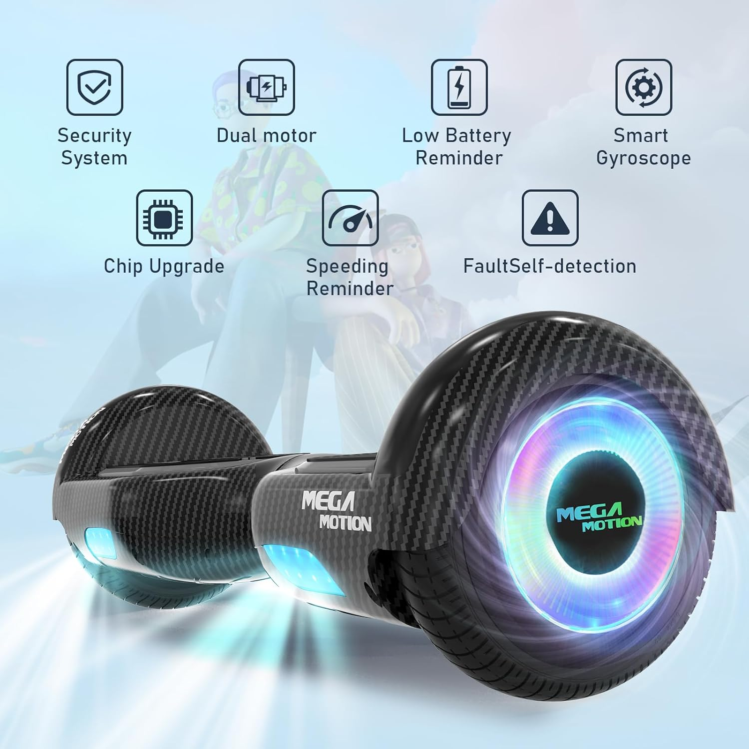 Czarno-srebrna deska hoverboard z podświetlanym kołem i tekstem.