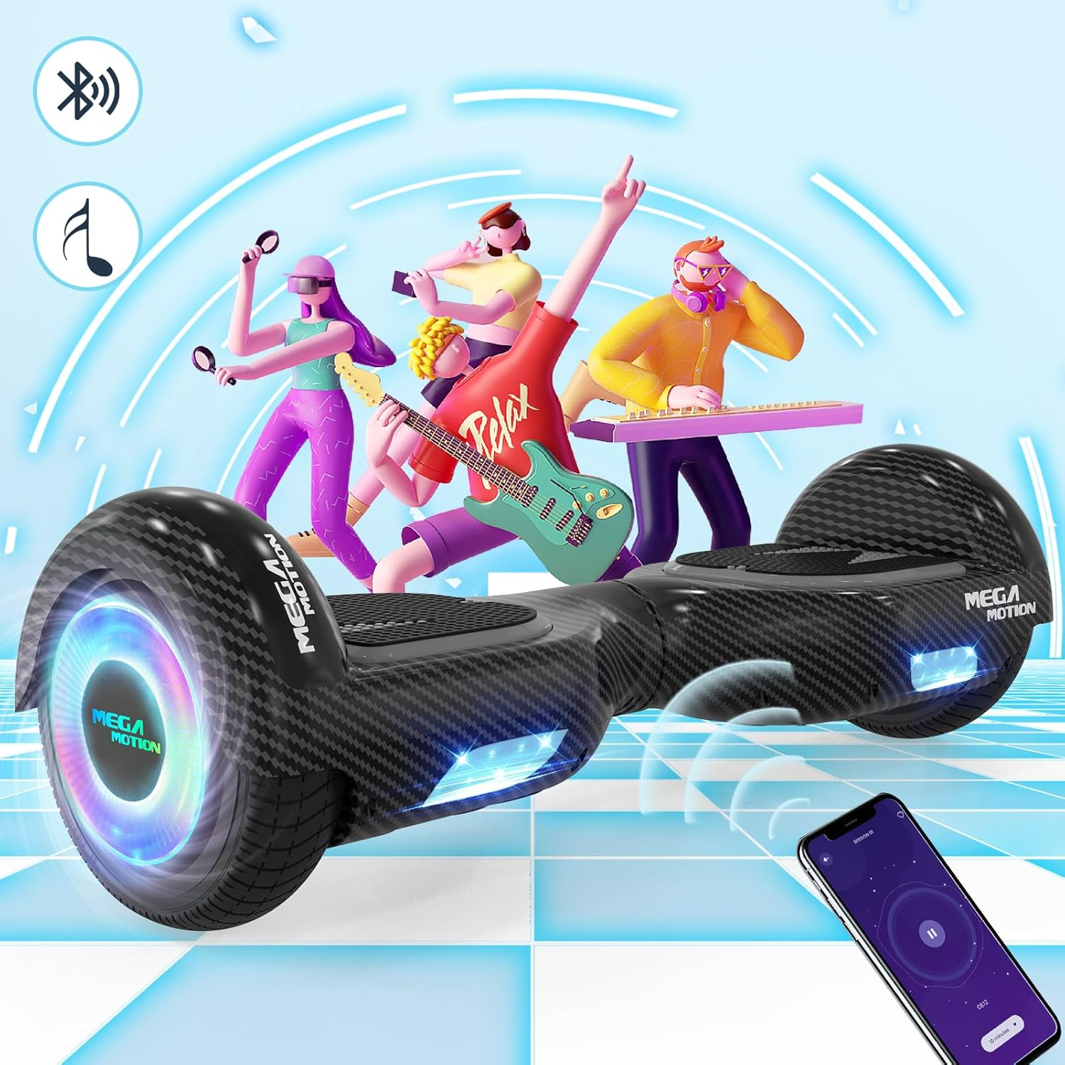 Hoverboard z zespołem muzycznym. Światła i smartfon w scenie. Niebieskie tło.