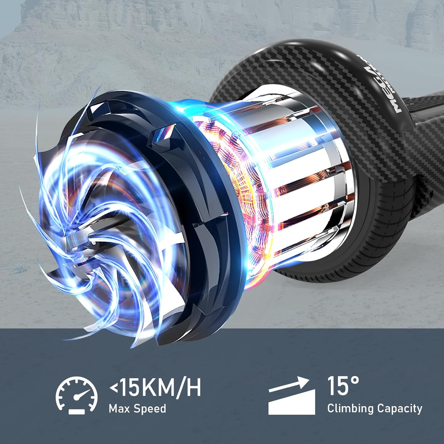 Koło hoverboard z futurystycznym efektem niebieskiego światła i tekstem.