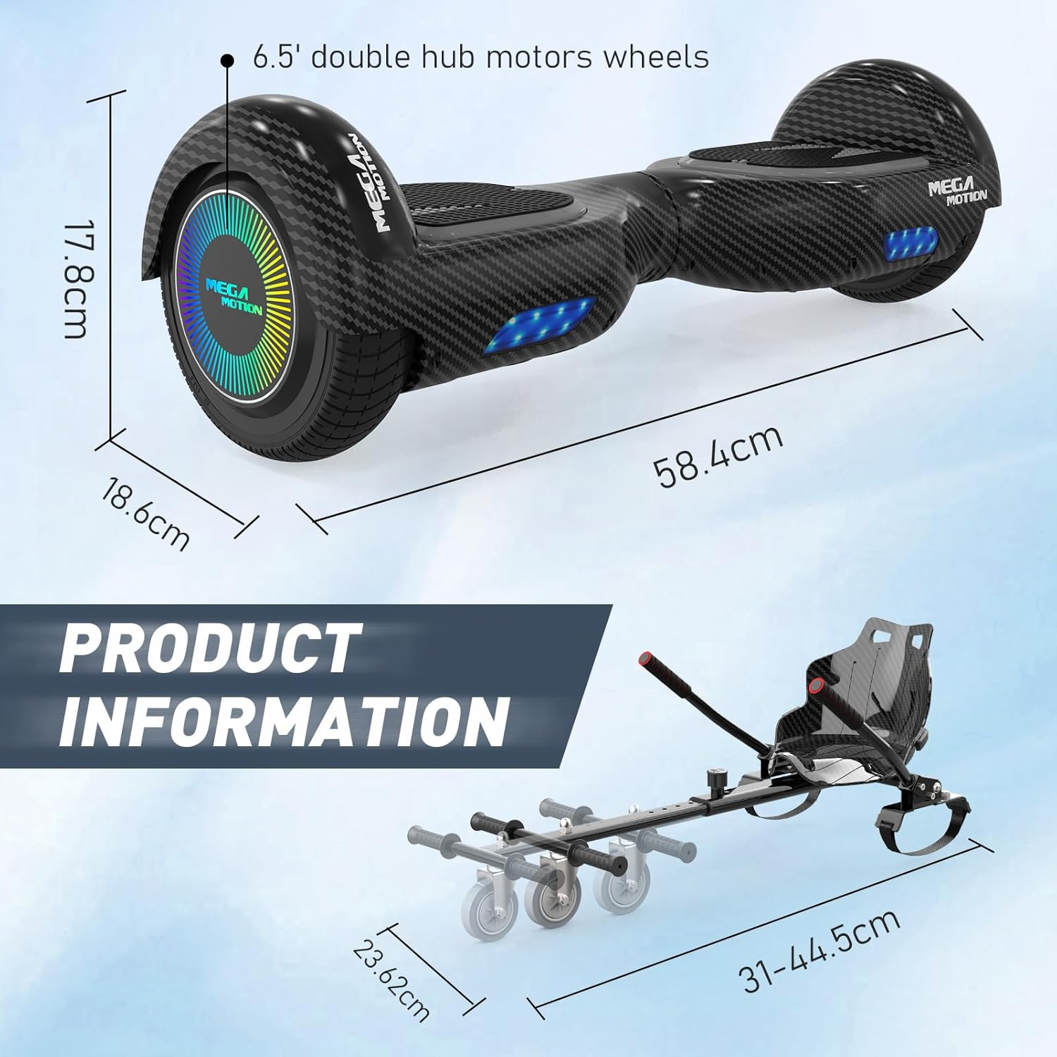 Czarny hoverboard z wymiarami. Hoverboard ma czarno-niebieski design. Białe tło.