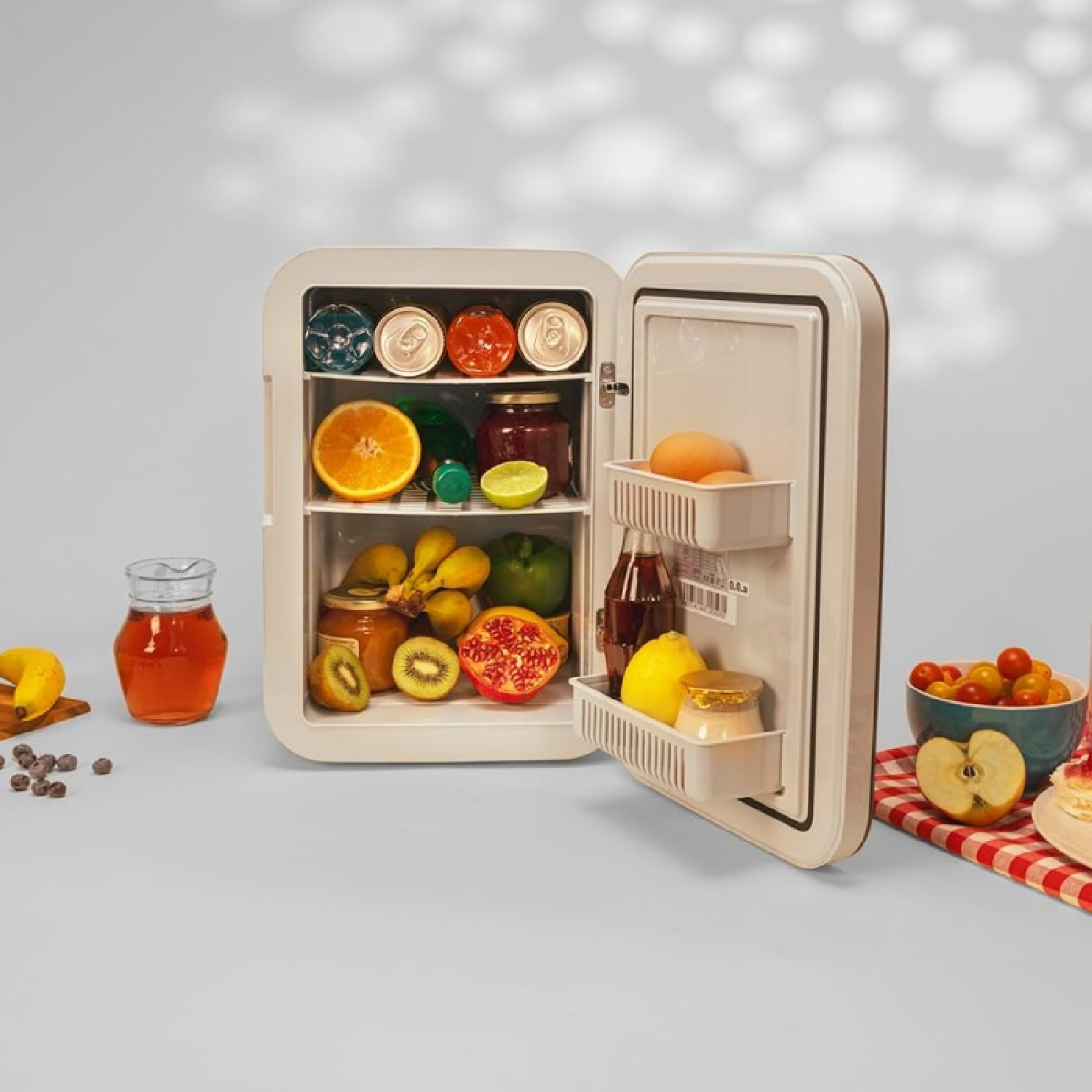 Una mini-nevera blanca, abierta, llena de alimentos. Otros elementos están alrededor.