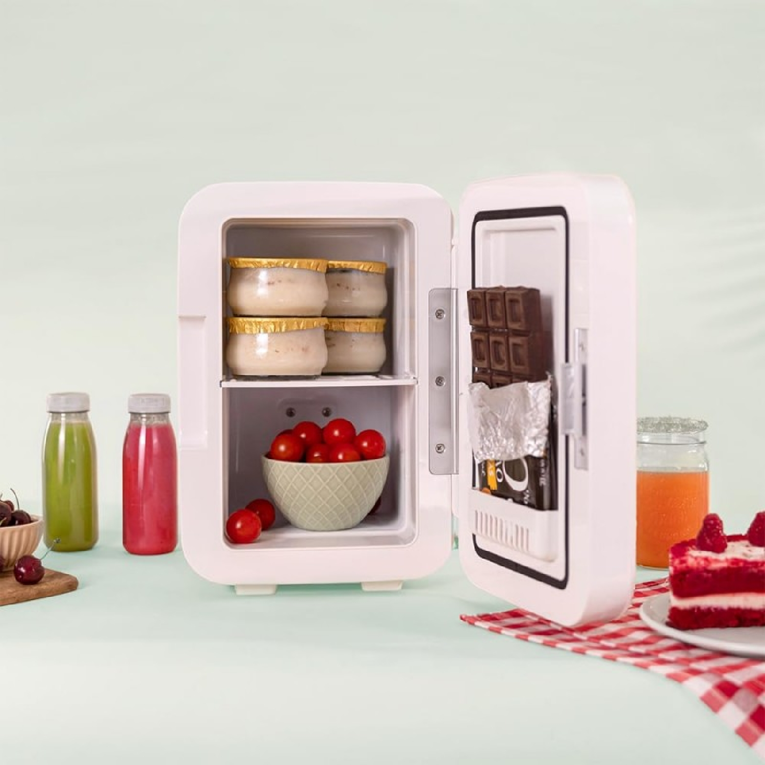 Mini nevera con comida dentro. Incluye frascos, un cuenco de cerezas y chocolate.