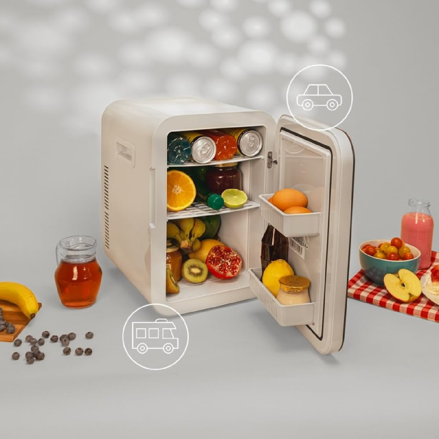 Mini frigo con porta aperta. All'interno frutta, bevande e alimenti. Sfondo grigio, icone vicine.
