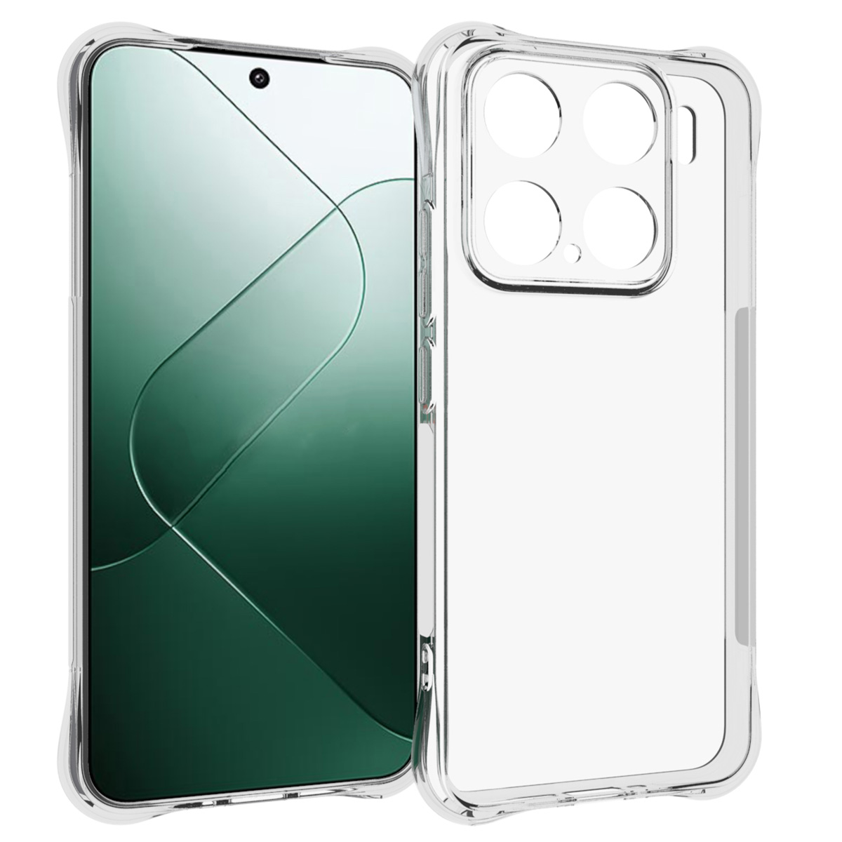 Een transparante telefoonhoes op een telefoon. De hoes is transparant en het scherm groen.